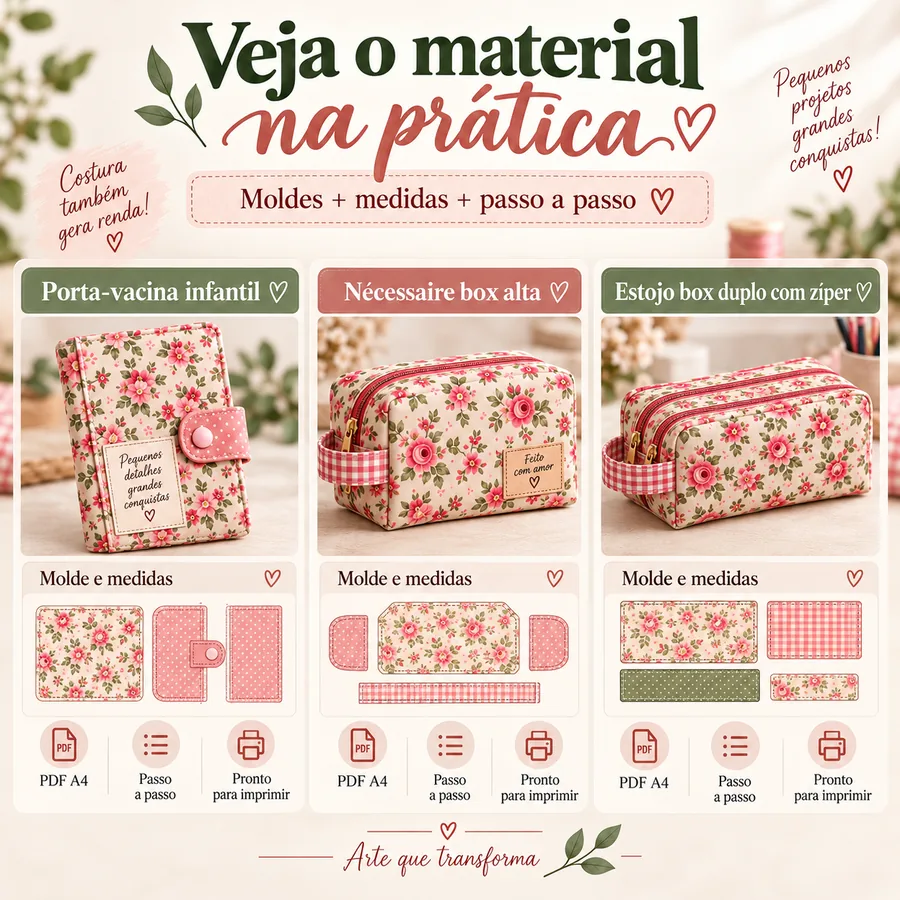 Moldes, medidas e passo a passo do porta-vacina infantil, da nécessaire box alta e do estojo box duplo com zíper