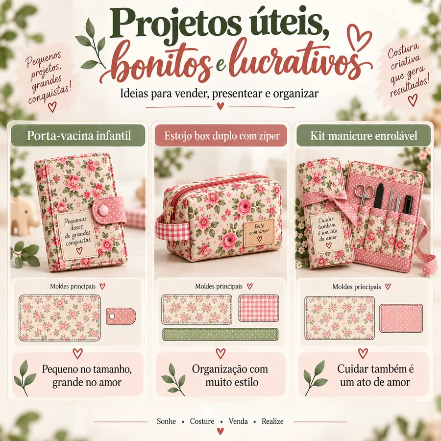 Projetos de porta-vacina infantil, estojo box duplo com zíper e kit manicure enrolável com os moldes e medidas