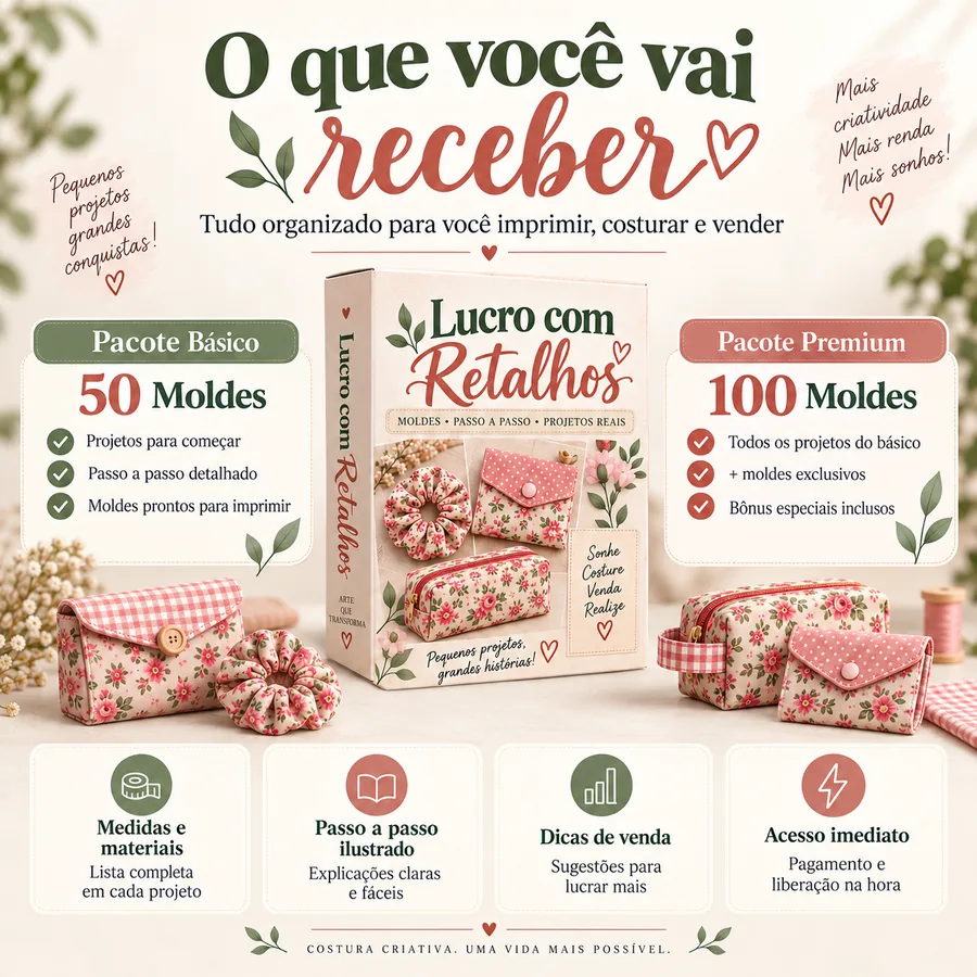 Tudo que vem nos pacotes Lucro com Retalhos: moldes, medidas, passo a passo e dicas de venda